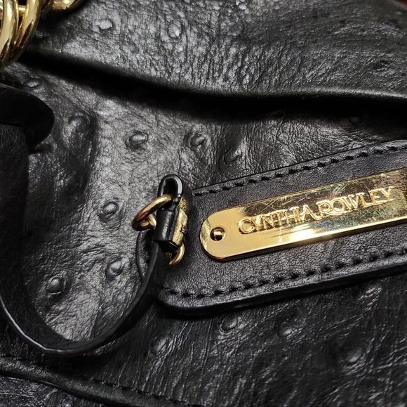 Cynthia Rowley Black Ostrich Embossed Leather Gold Chain Accent Tote - Picture 5 of 8